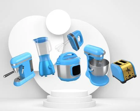 Set of kitchen appliances including mixer, toaster, blender, and coffee mak.. Stock Photos