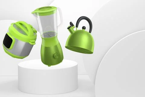Set of kitchen appliances including a pressure cooker, blender, and kettle .. Stock Illustration
