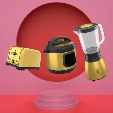 Set of kitchen appliances including a pressure cooker, blender, and toaster f Stock Illustration