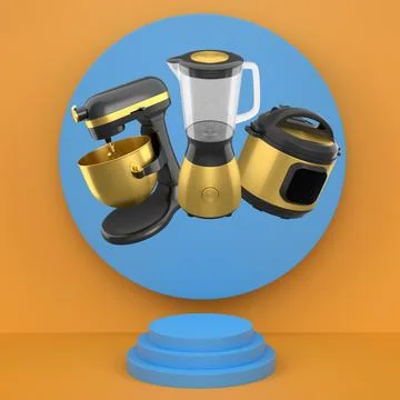 Set of kitchen appliances including a pressure cooker, blender, and mixer flo Stock Illustration