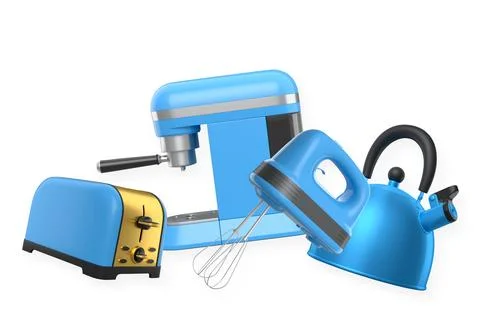 Set of kitchen appliances including a toaster, espresso machine, and kettle i Stock Illustration