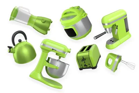 Set of kitchen appliances including toaster, blender, mixer, kettle, and cook Stock Illustration