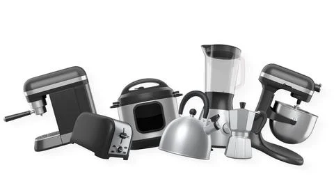 Set of kitchen appliances including toaster, blender, mixer, kettle, and cook Stock Illustration