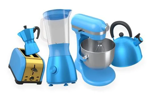 Set of kitchen appliances including toaster, blender, mixer, kettle, and cook Stock Illustration