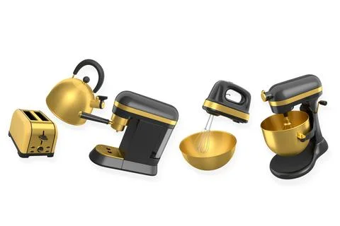 Set of kitchen appliances including toaster, kettle, coffee maker, hand and.. Stock Illustration