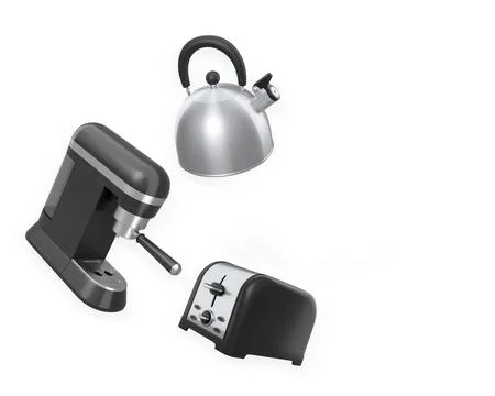 Set of kitchen appliances including toaster, coffee maker, kettle, and fryi.. Stock Illustration