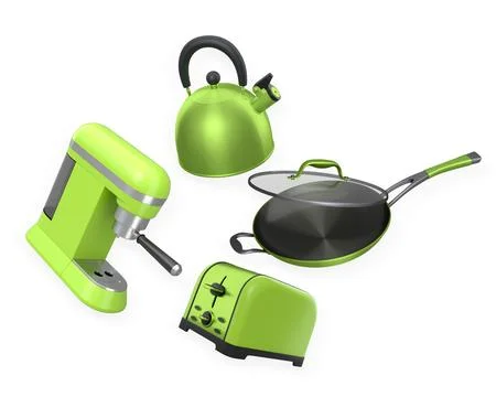 Set of kitchen appliances including toaster, coffee maker, kettle, and fryi.. Stock Illustration