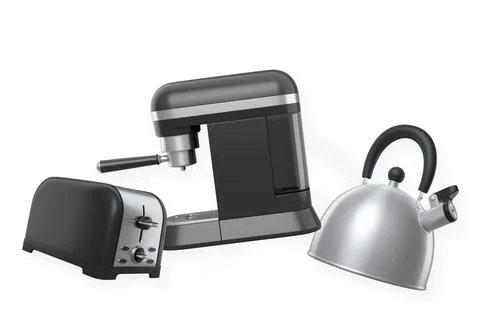Set of kitchen appliances including a toaster, espresso machine, and kettle i Stock Illustration