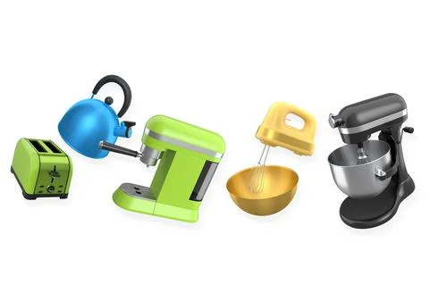 Set of kitchen appliances including toaster, kettle, coffee maker, hand and.. Foto stock