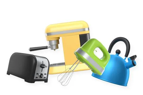 Set of kitchen appliances including a toaster, espresso machine, and kettle.. Stock Photos
