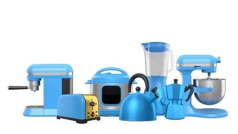 Set of kitchen appliances including toaster, blender, mixer, kettle, and co.. Stock Photos