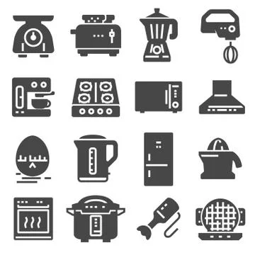 Set of Kitchen Appliances Related Vector Black Icons. Stock Illustration