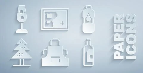 Set Kitchen apron, Bottle of water, Tree, wine, Folded map and Wine glass icon Stock Illustration
