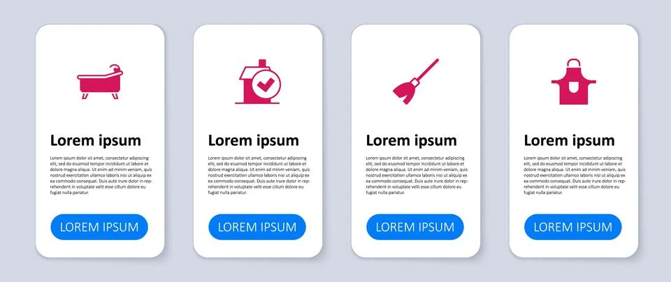Set Kitchen apron, Handle broom, Home cleaning service and Bathtub. Business Ilustración de archivo