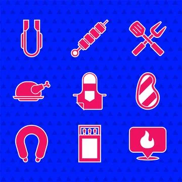 Set Kitchen apron, Matchbox and matches, Location with fire flame, Steak me.. Stock Illustration