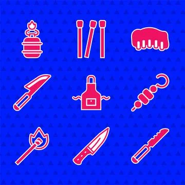 Set Kitchen apron, Meat chopper, Bread knife, Grilled shish kebab, Burning match Stock Illustration