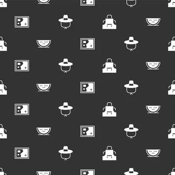 Set Kitchen apron, Watermelon, Folded map and Camping hat on seamless patte.. Illustrazione stock