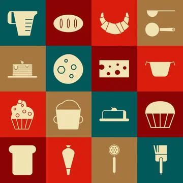 Set Kitchen brush, Muffin, Cooking pot, Croissant, Cookie or biscuit with c.. Stock Illustration
