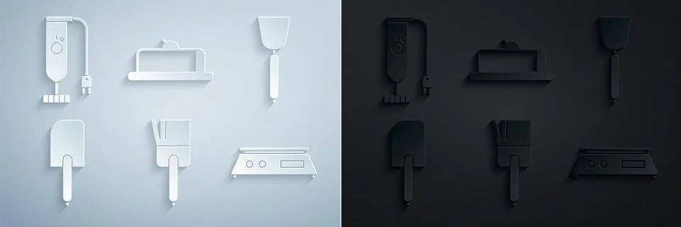Set Kitchen brush Spatula Electronic scales Strawberry cheesecake slice and B Stock Illustration