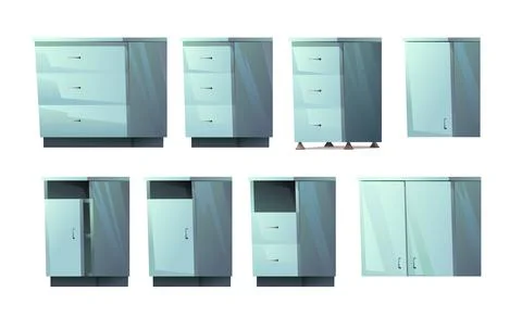 Set of kitchen cabinets with drawers. Floor and wall. With doors and niches.  Stock Illustration