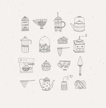 Set of kitchen coffee and tea icons casual grey Stock Illustration
