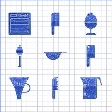 Set Kitchen colander, Bread knife, Measuring cup, Meat chopper, Funnel or filter Stock Illustration