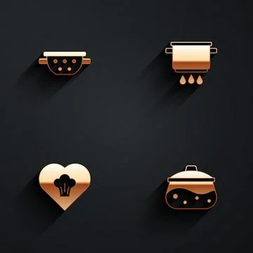 Set Kitchen colander, Cooking pot on fire, Chef hat and icon with long shadow Stock Illustration