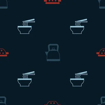 Set Kitchen colander, Kettle with handle and Asian noodles in bowl on seamless Illustration