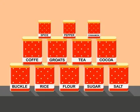 A set of kitchen containers for storing tea, condiments, coffee, rice, cocoa, Stock Illustration