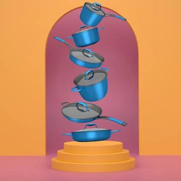 Set of kitchen cookware set with lids floating in midair, over colorful podiu Ilustração Stock