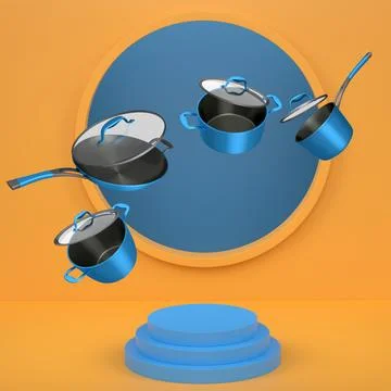 Set of kitchen cookware set with lids floating in midair, over colorful podiu Ilustração Stock