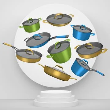 Set of kitchen cookware set with lids floating in midair, over colorful podiu Ilustração Stock