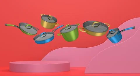 Set of kitchen cookware set with lids floating in midair, over colorful podiu Ilustração Stock