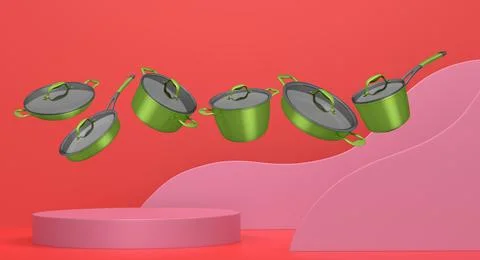 Set of kitchen cookware set with lids floating in midair, over colorfull po.. Ilustração Stock
