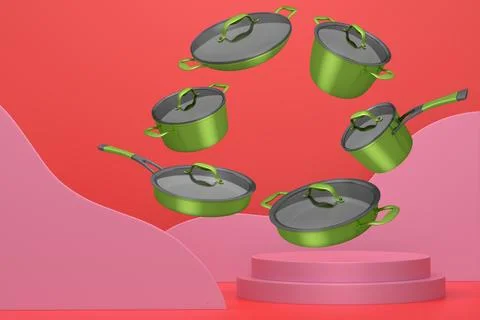 Set of kitchen cookware set with lids floating in midair, over colorfull po.. Ilustração Stock