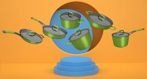 Set of kitchen cookware set with lids floating in midair, over colorful podiu Ilustração Stock