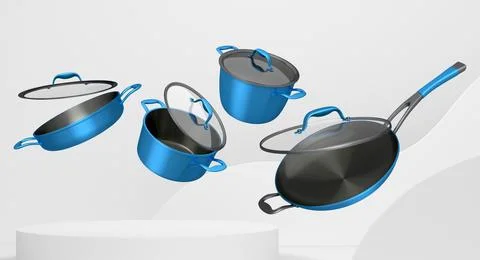 Set of kitchen cookware set with lids floating in midair, over colorfull po.. Ilustração Stock