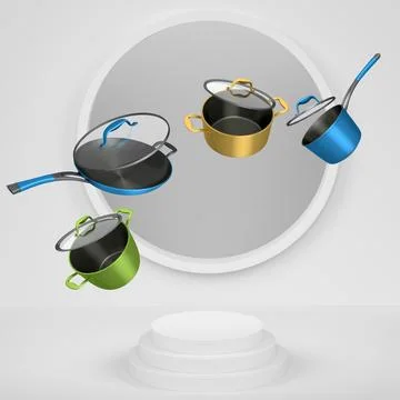 Set of kitchen cookware set with lids floating in midair, over colorful podiu Ilustração Stock