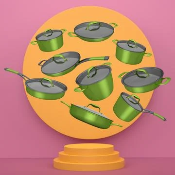 Set of kitchen cookware set with lids floating in midair, over colorful podiu Ilustração Stock