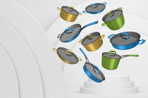 Set of kitchen cookware set with lids floating in midair, over colorful podiu Ilustração Stock