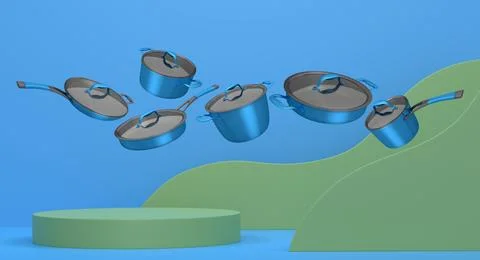 Set of kitchen cookware set with lids floating in midair, over colorful podiu Ilustração Stock
