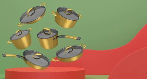 Set of kitchen cookware set with lids floating in midair, over colorfull podium Ilustração Stock