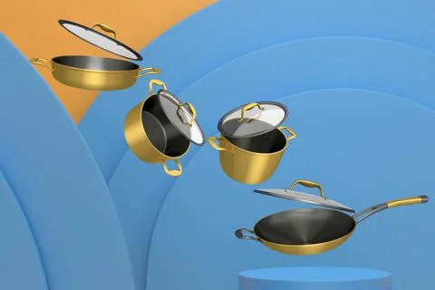 Set of kitchen cookware set with lids floating in midair, over colorfull podium Ilustração Stock