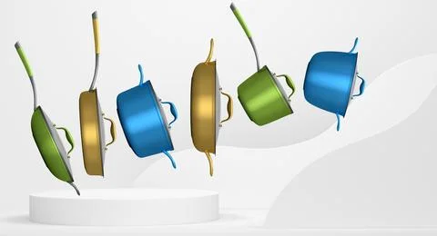 Set of kitchen cookware set with lids floating in midair, over colorfull podium Ilustração Stock