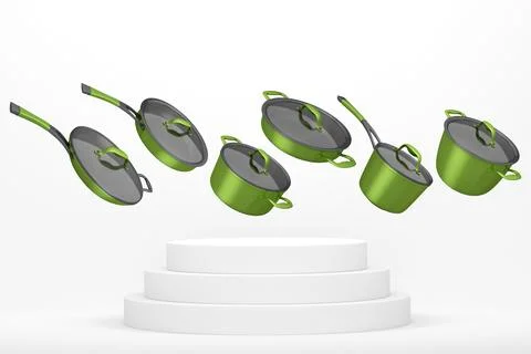 Set of kitchen cookware set with lids floating in midair, over colorfull podium Ilustração Stock