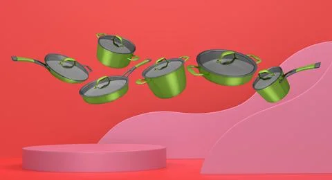 Set of kitchen cookware set with lids floating in midair, over colorfull podium Ilustração Stock