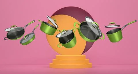 Set of kitchen cookware set with lids floating in midair, over colorfull po.. Ilustração Stock