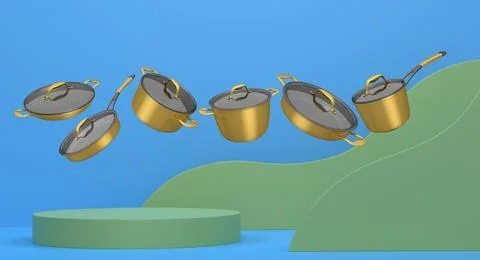 Set of kitchen cookware set with lids floating in midair, over colorful podiu Ilustração Stock