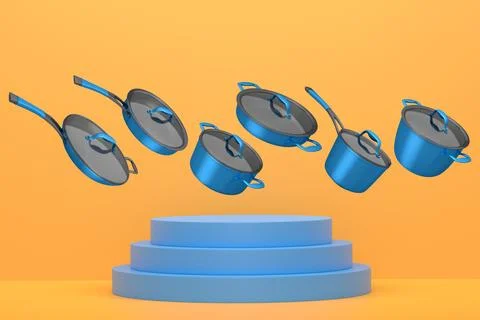 Set of kitchen cookware set with lids floating in midair, over colorful podiu Ilustração Stock