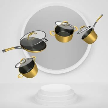 Set of kitchen cookware set with lids floating in midair, over colorful podiu Ilustração Stock
